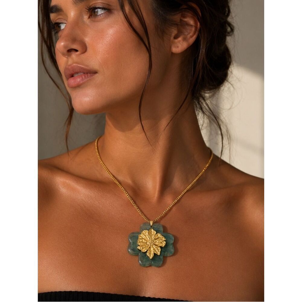 Gold plated Flower Pendant Necklace on Green Resin Bloom R 627